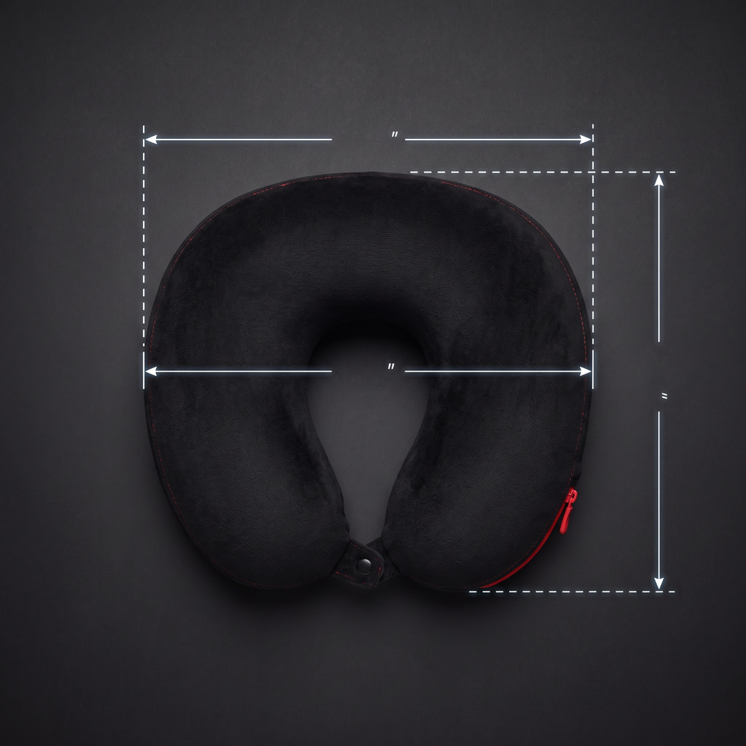 Travel neck pillow size reference with dimension guide lines