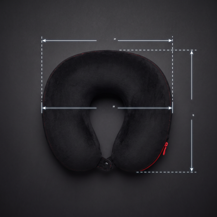 Travel neck pillow size reference with dimension guide lines