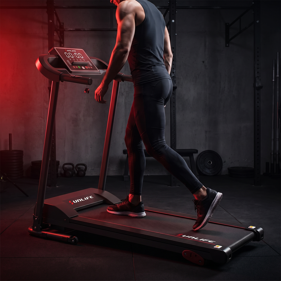 PHYSIOATHLETX Professional Electric Treadmill - Matte Black, Stepping Onto Deck