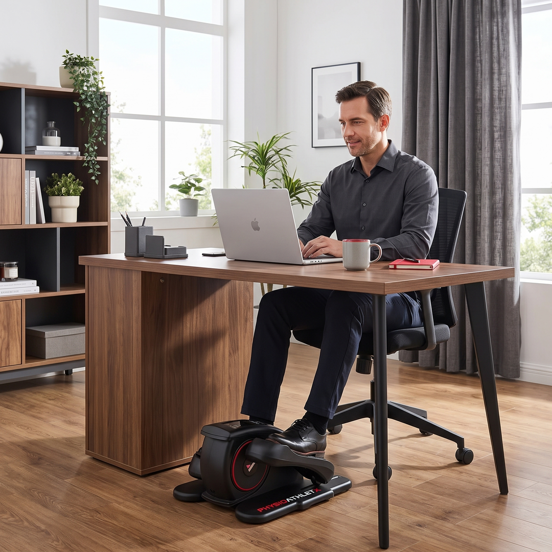 PHYSIOATHLETX Under Desk Elliptical Machine in use during video call at office desk