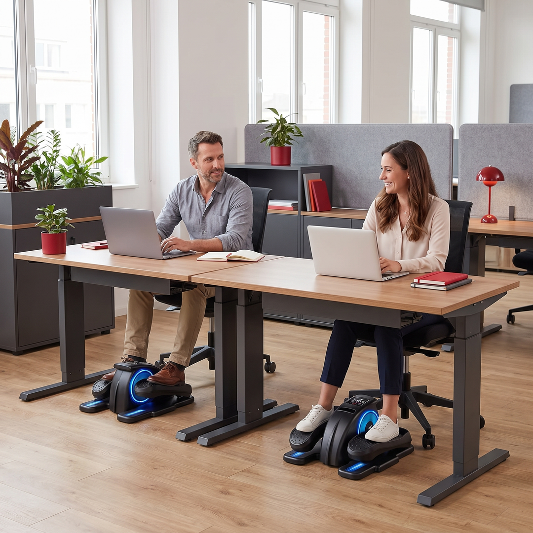 PHYSIOATHLETX Under Desk Elliptical Machine in use in shared office workspace