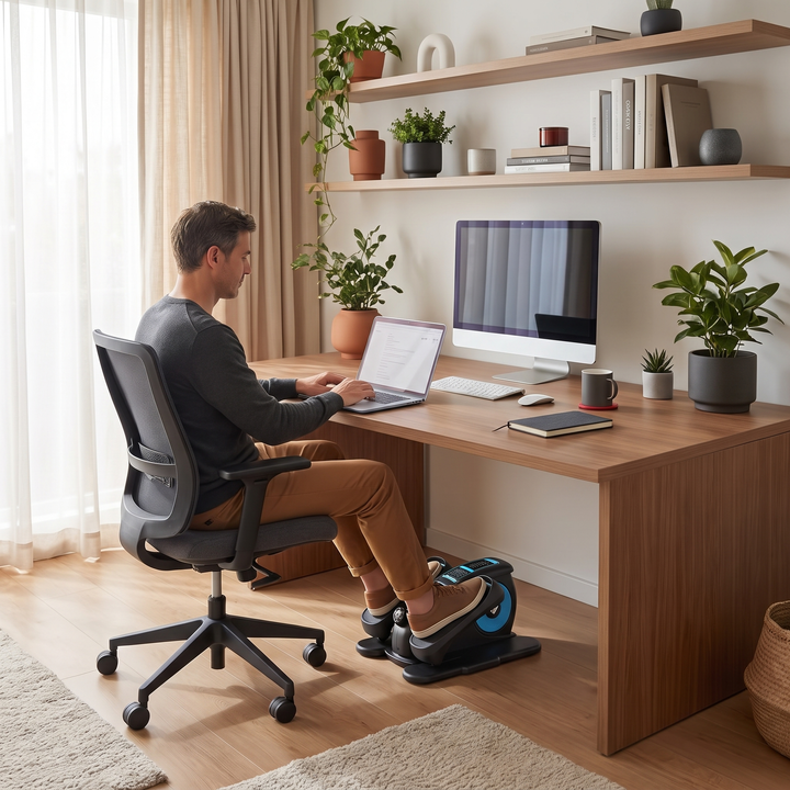 PHYSIOATHLETX Under Desk Elliptical Machine in wide home office lifestyle setting