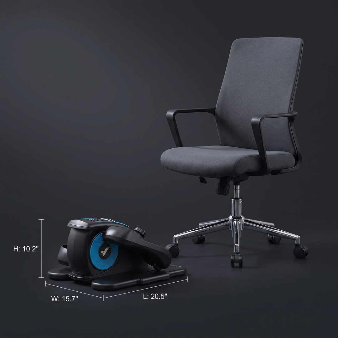 PHYSIOATHLETX Under Desk Elliptical Machine size comparison next to office chair
