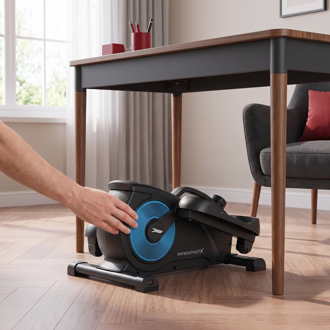 PHYSIOATHLETX Under Desk Elliptical Machine being placed under a desk