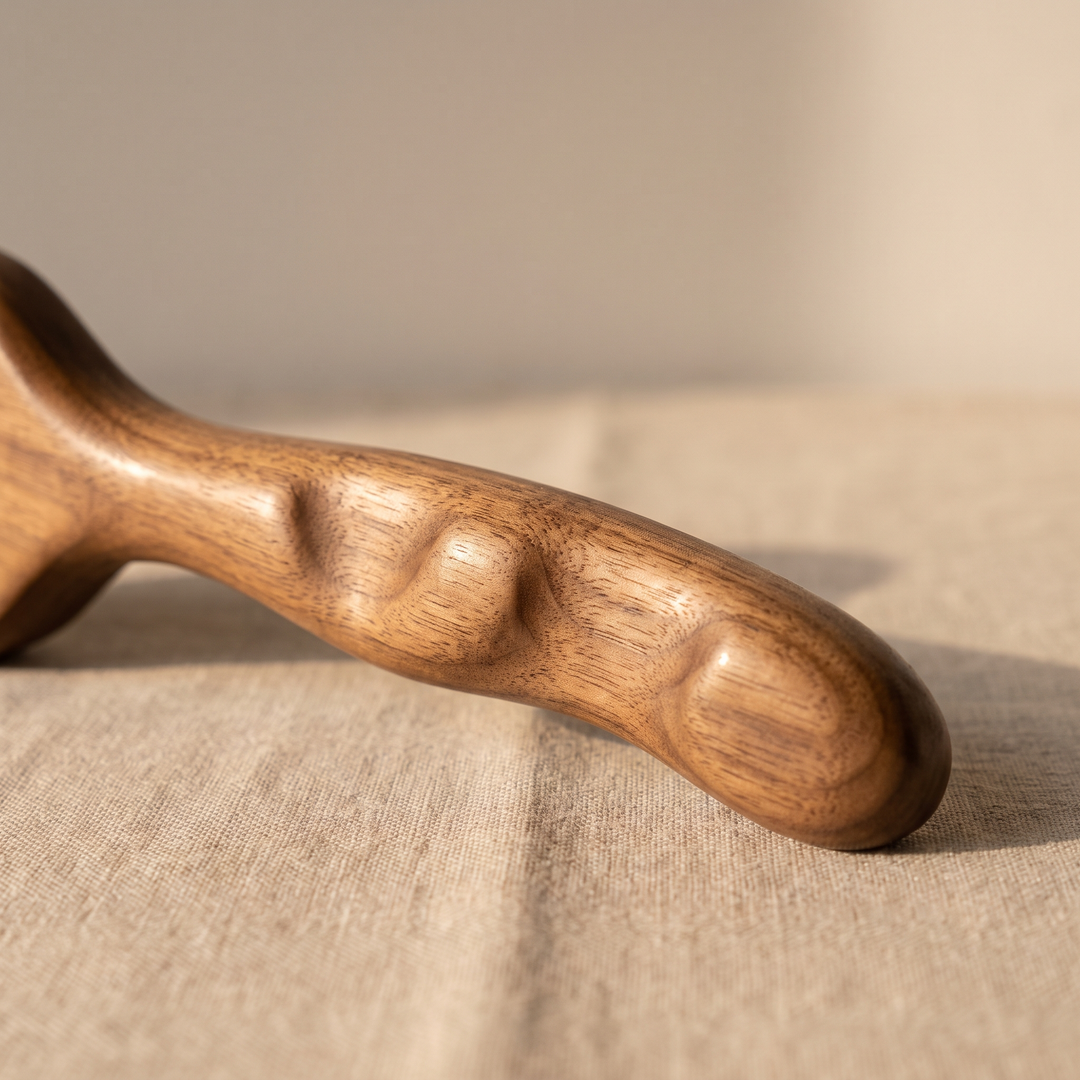 Ergonomic handle grip of wooden self-massage tool