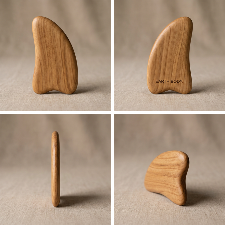 Wooden massage tool shown from four different angles