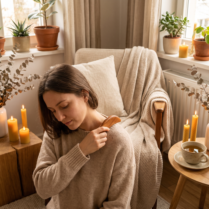 Self-massage with wooden wellness tool on the upper back