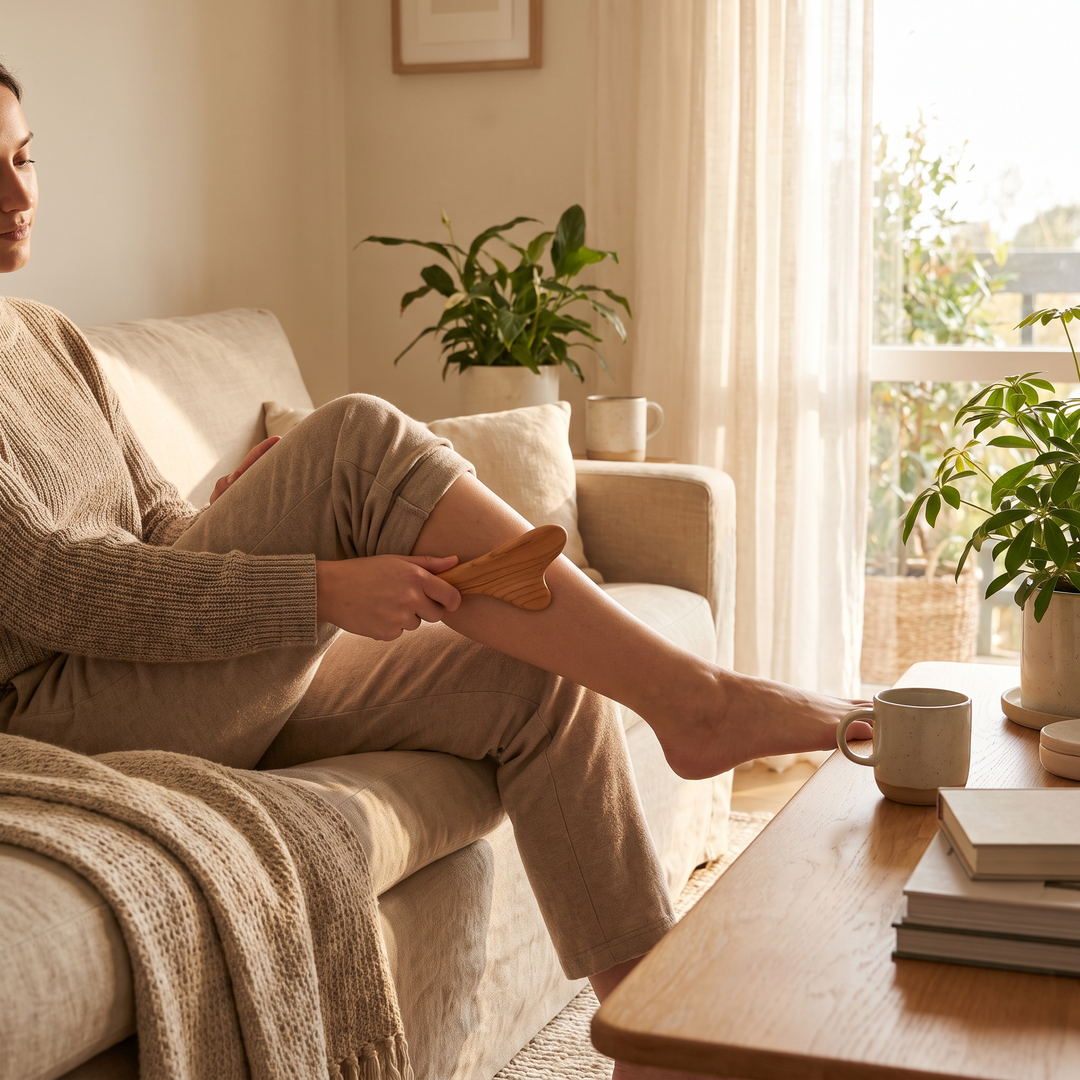 Self-massage with wooden wellness tool on the calf