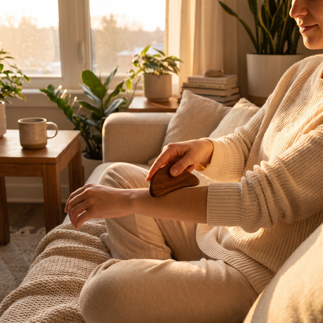 Self-massage with wooden wellness tool on the forearm