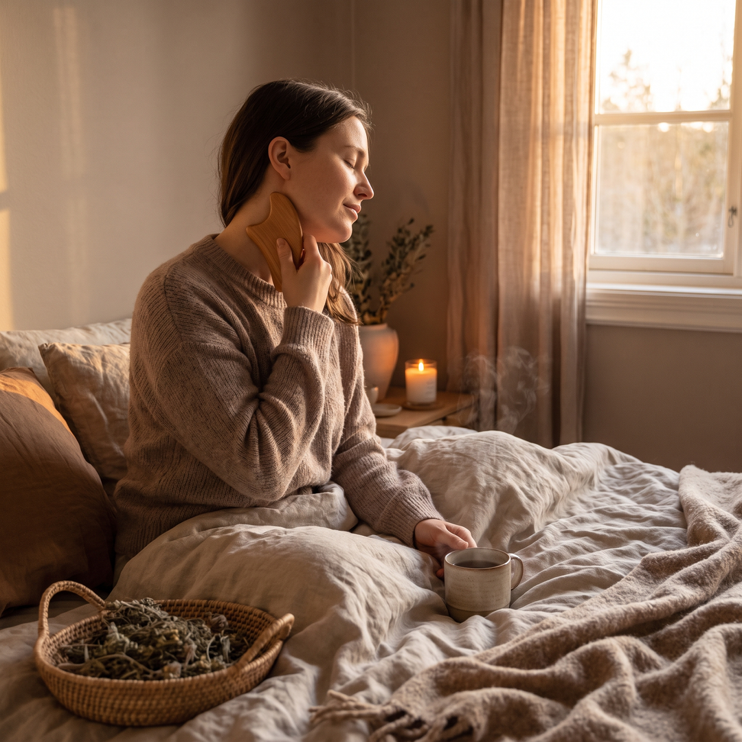 Self-massage with wooden wellness tool on the neck and shoulder