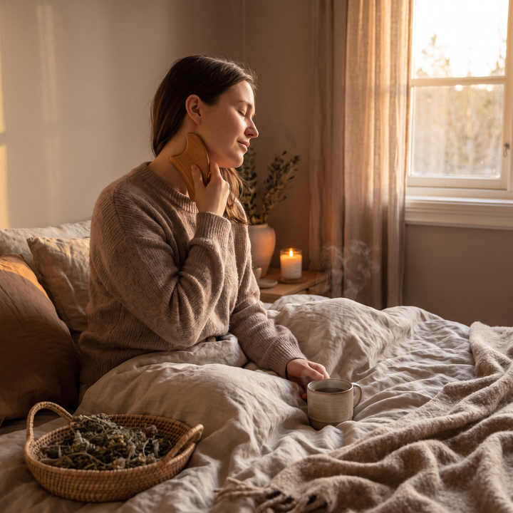 Self-massage with wooden wellness tool on the neck and shoulder