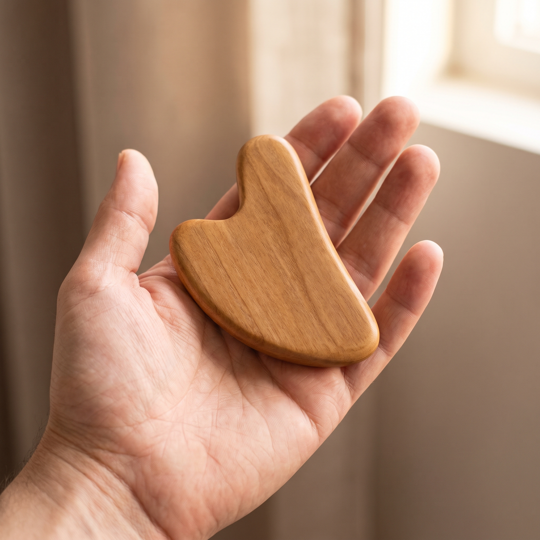Wooden massage tool size reference held in an open hand