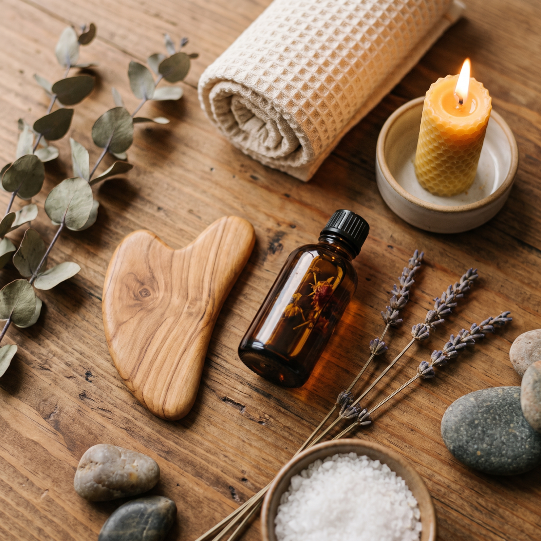 Spa-style flat lay with wooden massage tool, oil and towel