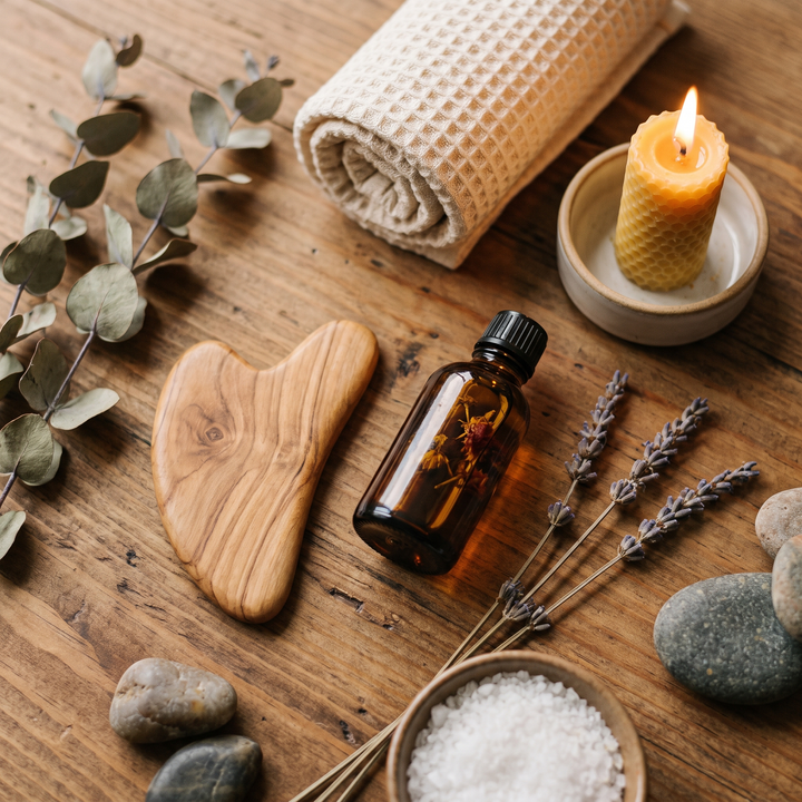Spa-style flat lay with wooden massage tool, oil and towel
