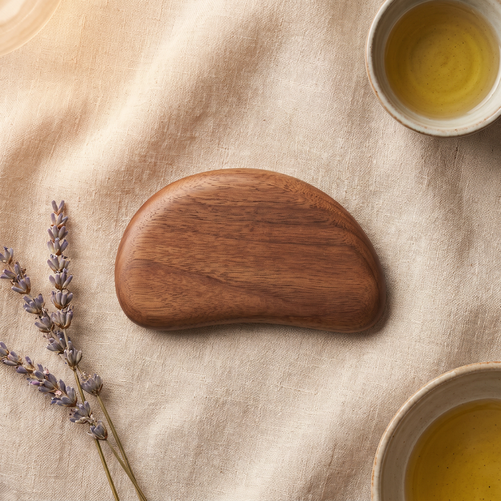 Wooden wellness massage tool top-down view
