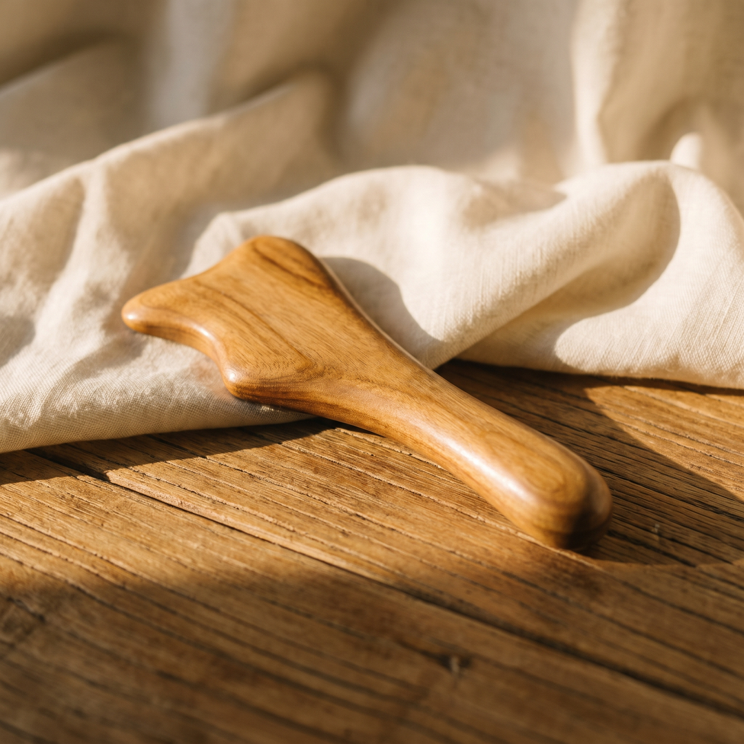 Natural wood massage tool resting on a wooden table