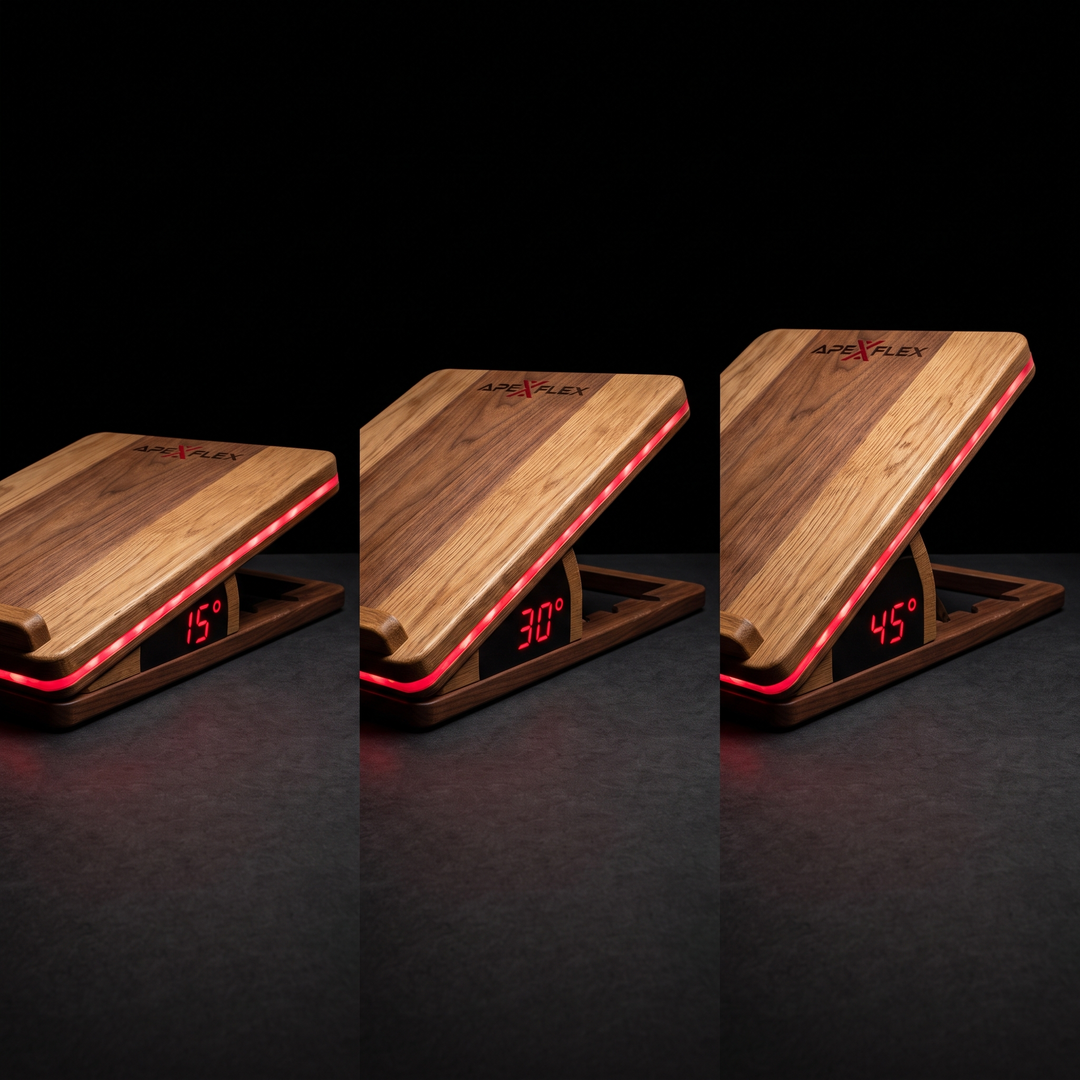 PHYSIOATHLETX wooden incline stretch board shown at three adjustable incline angle positions