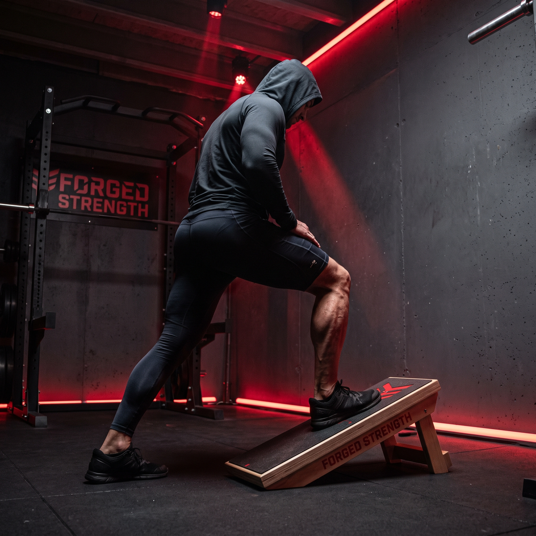 Athlete using the PHYSIOATHLETX wooden incline board to stretch the calf muscles