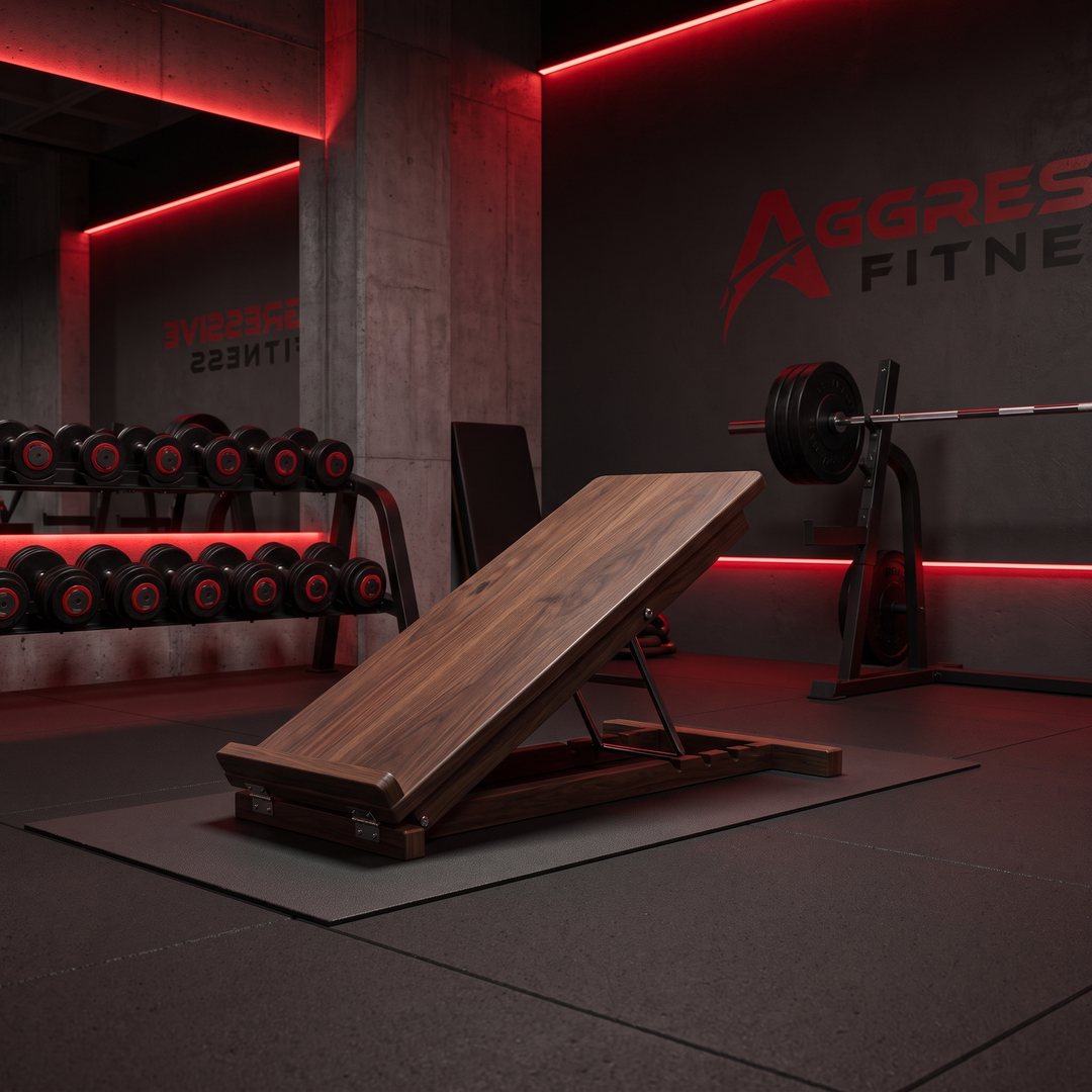 PHYSIOATHLETX wooden incline stretch board in a home gym setting near dumbbells