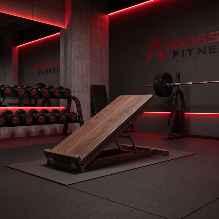 PHYSIOATHLETX wooden incline stretch board in a home gym setting near dumbbells