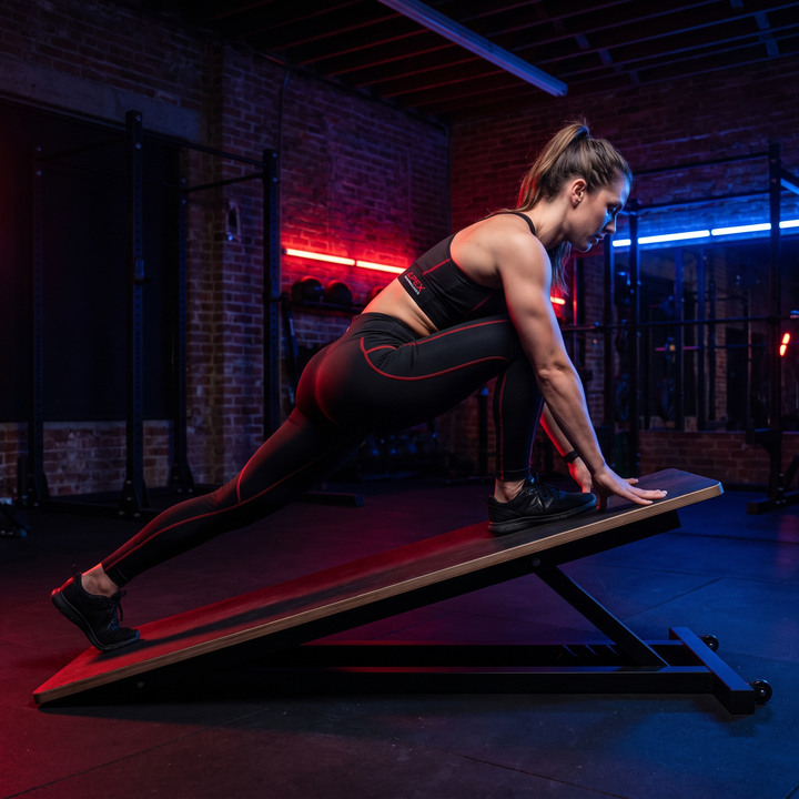 Pilates warm-up stretch using the PHYSIOATHLETX wooden incline board
