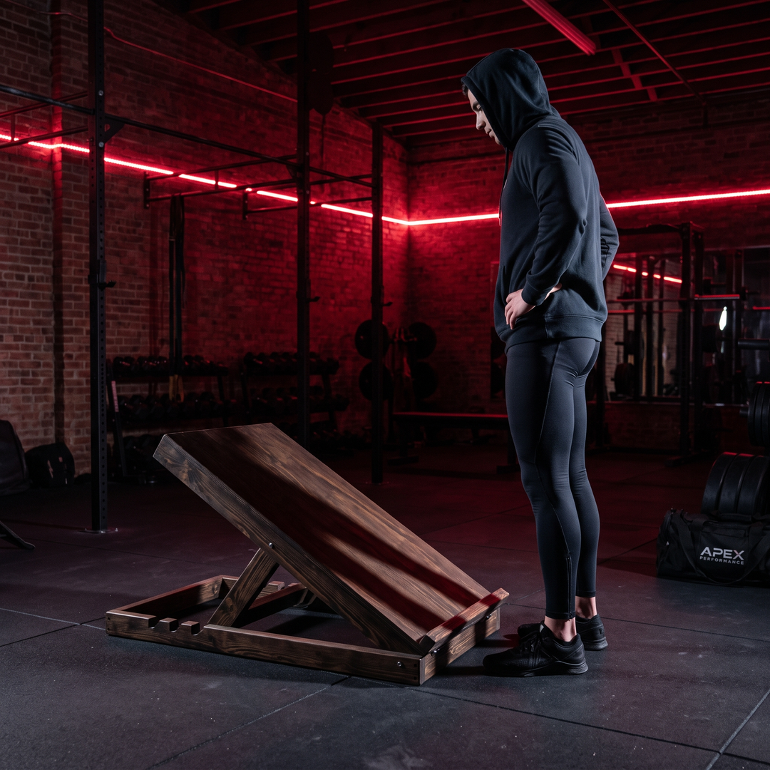 Athlete standing beside the PHYSIOATHLETX wooden incline stretch board to show its compact size