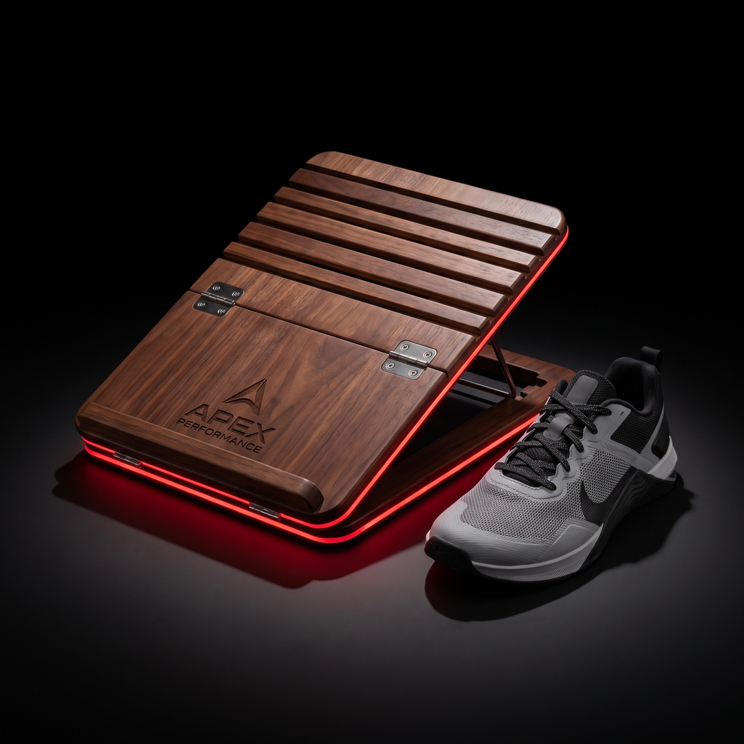 PHYSIOATHLETX wooden incline stretch board size comparison next to a training shoe