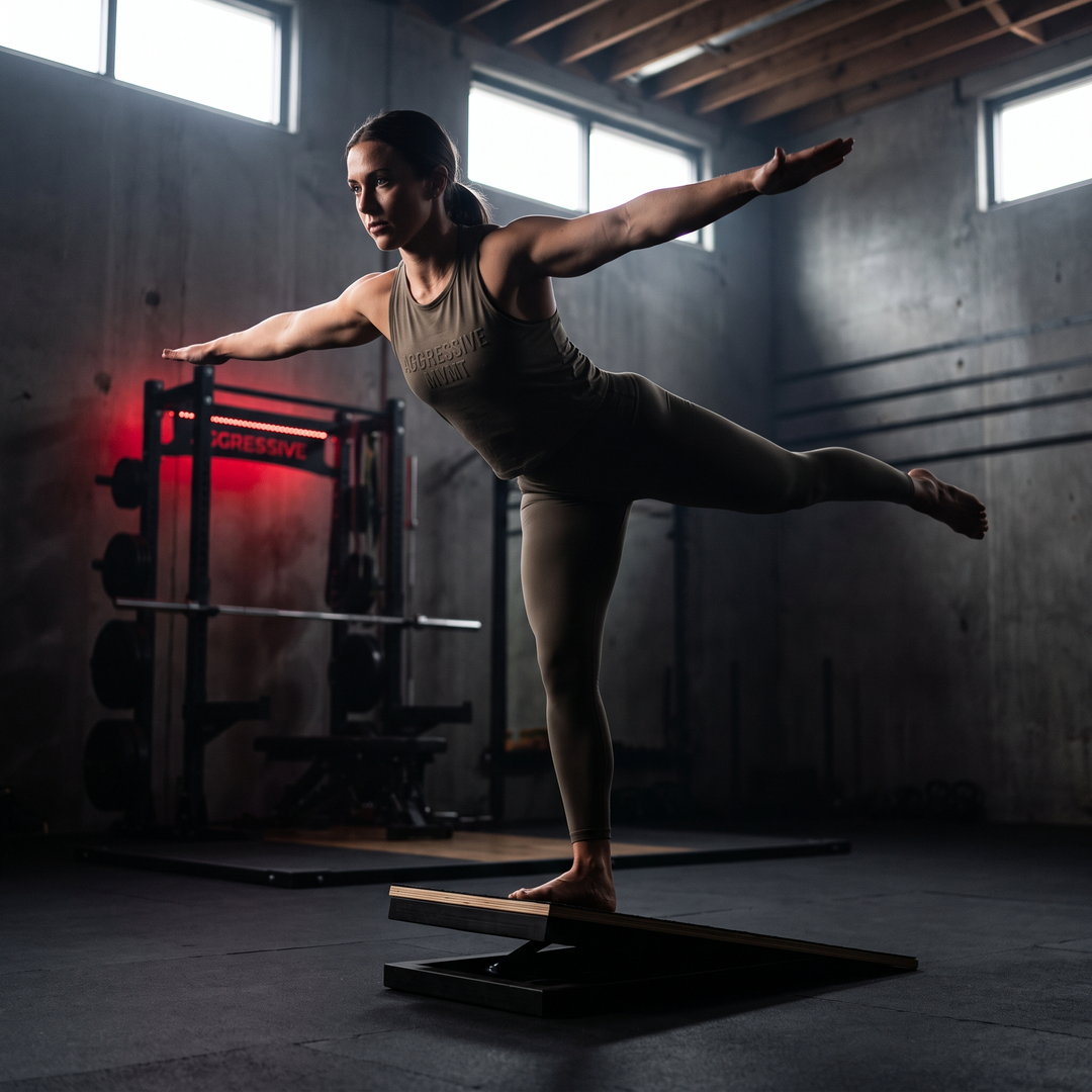 Yoga balance pose performed on the PHYSIOATHLETX wooden incline stretch board
