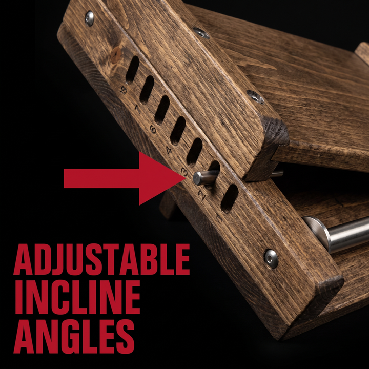 Adjustable incline angle notches on the PHYSIOATHLETX wooden stretch board for multiple stretching positions