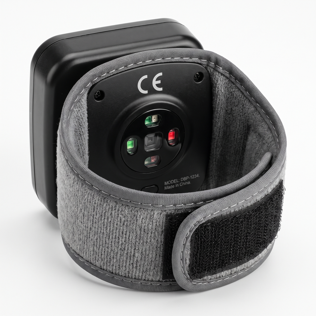 Back view of digital wrist blood pressure monitor showing sensor and cuff lining