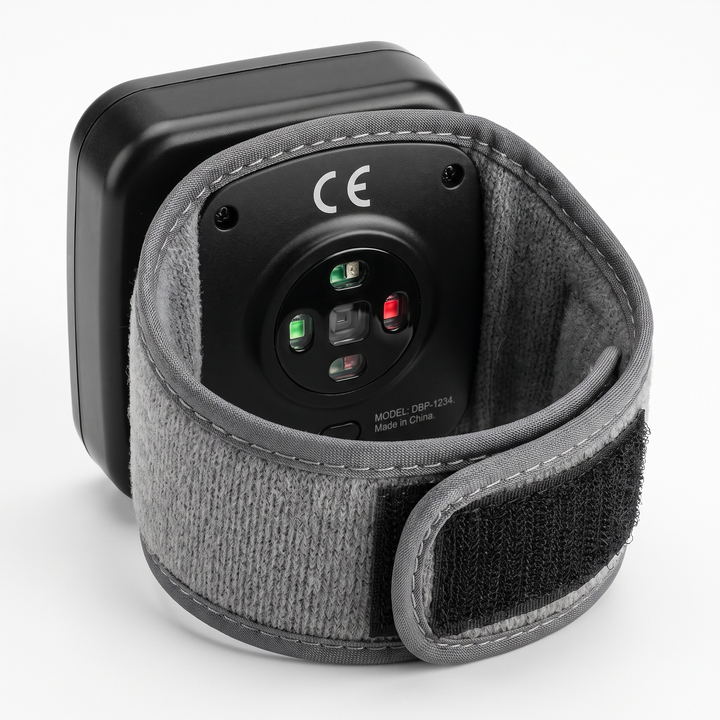 Back view of digital wrist blood pressure monitor showing sensor and cuff lining