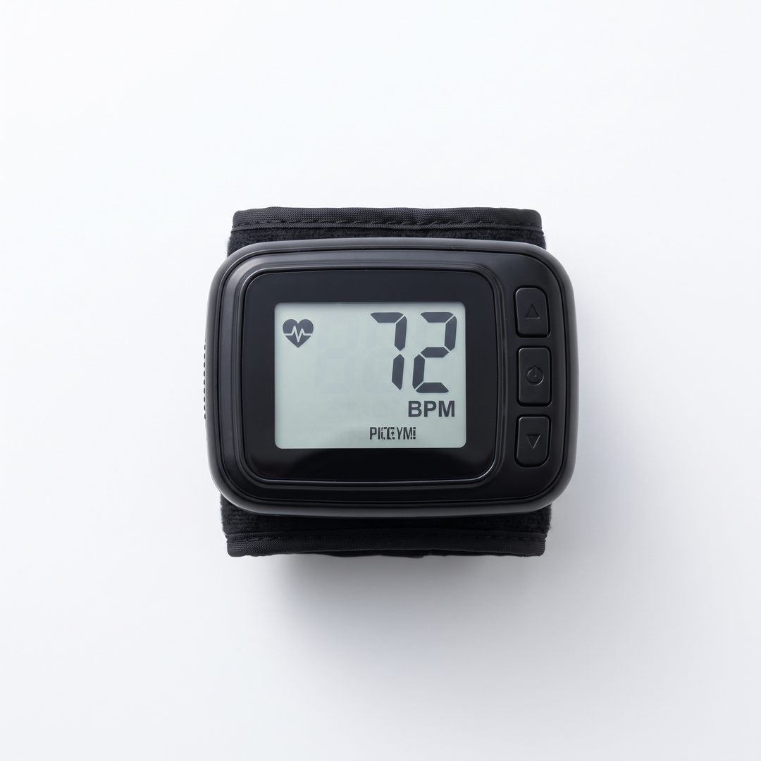 Digital display of wrist blood pressure monitor showing heart rate icon and pulse rate