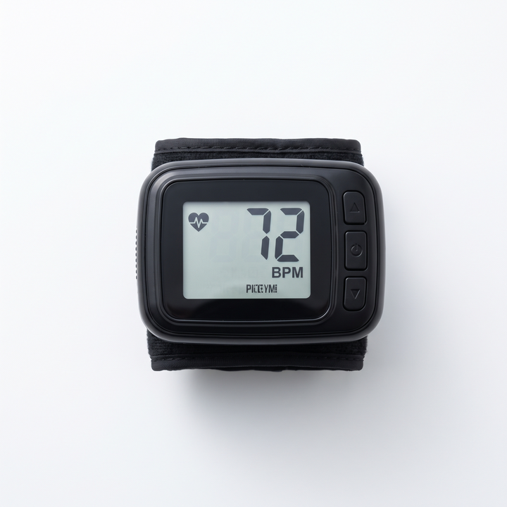 Digital display of wrist blood pressure monitor showing heart rate icon and pulse rate
