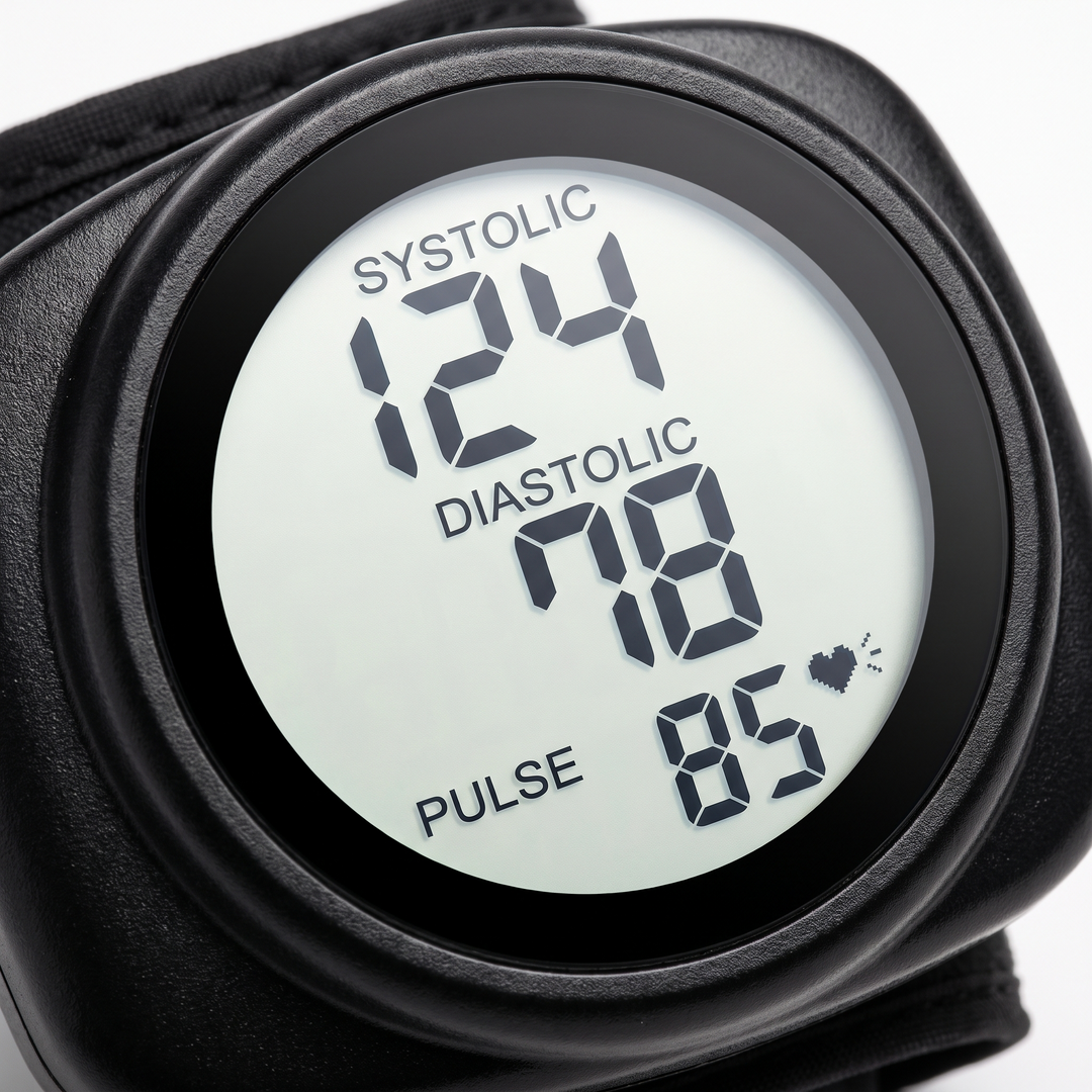 Macro view of digital display screen showing blood pressure and pulse rate numbers