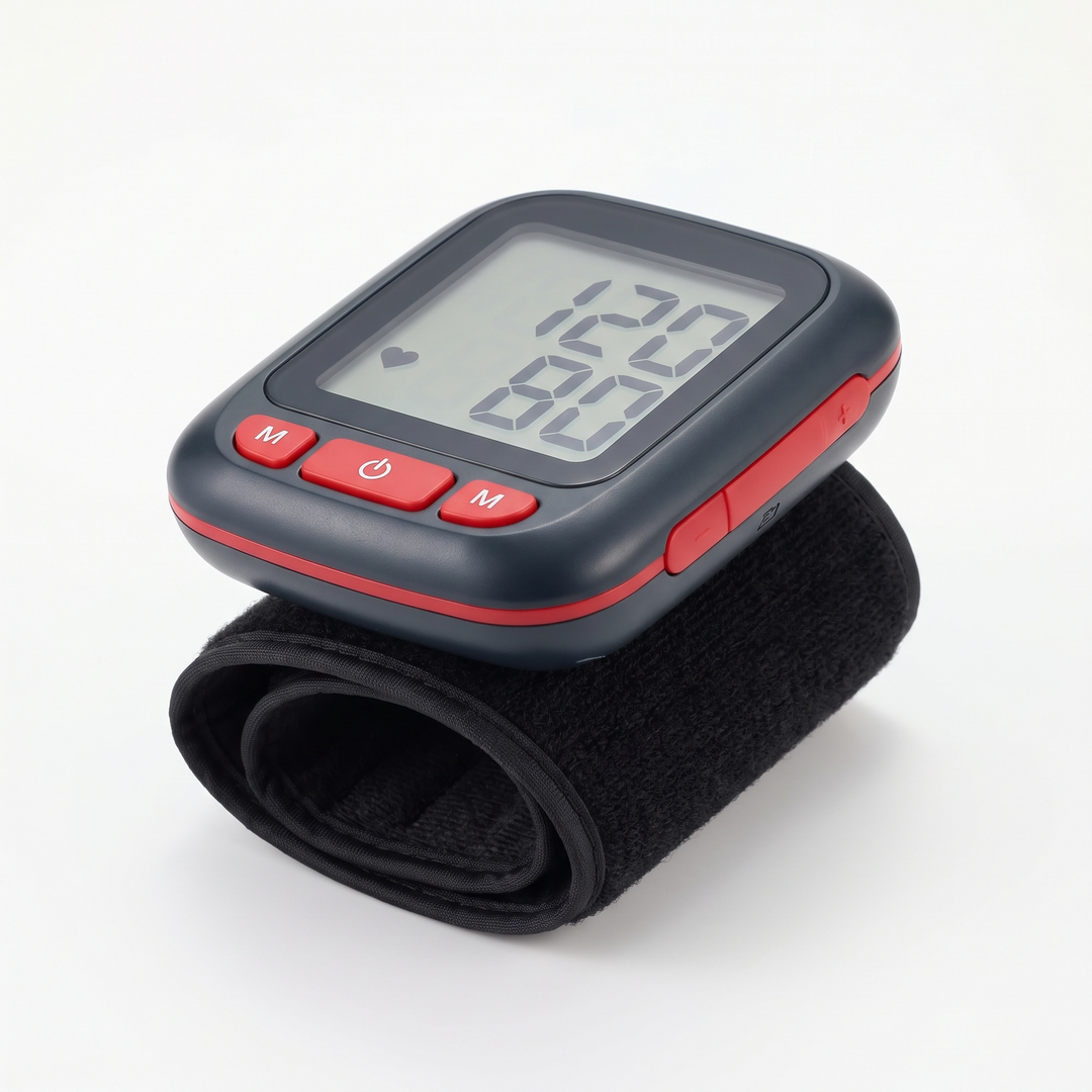 Digital wrist blood pressure monitor - three-quarter angle view showing wrist cuff