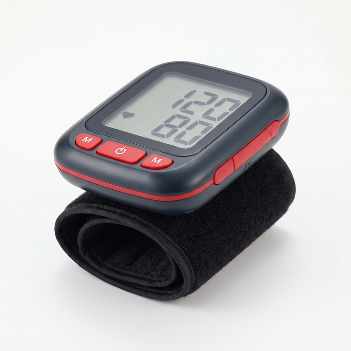 Digital wrist blood pressure monitor - three-quarter angle view showing wrist cuff
