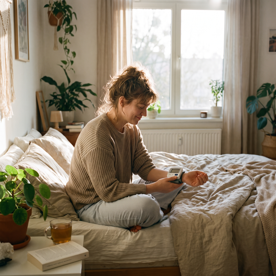 Person checking wrist blood pressure monitor as part of morning wellness routine