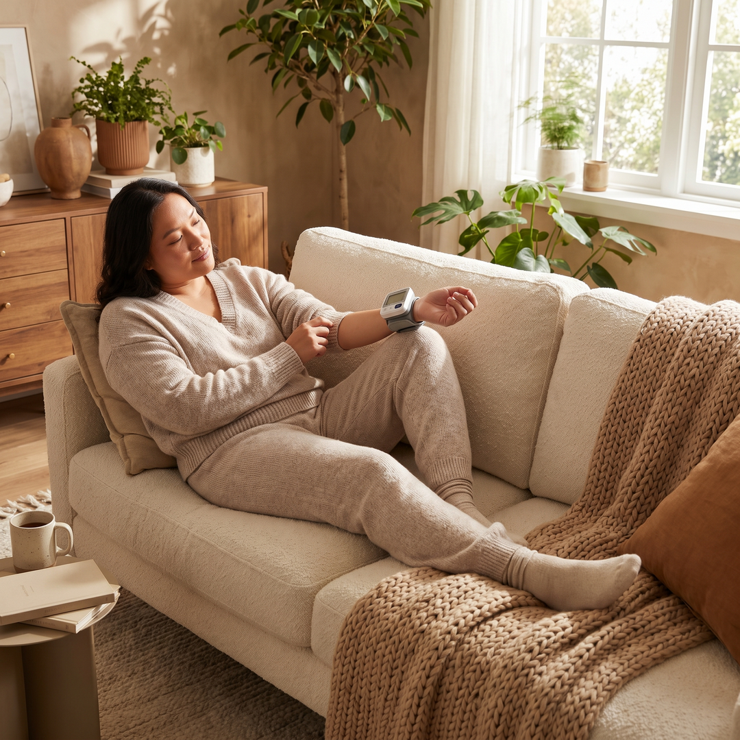 Person checking wrist blood pressure monitor reading at home on couch