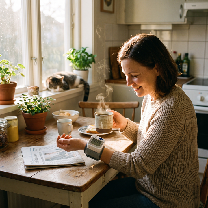 Person checking digital wrist blood pressure monitor reading during morning routine at kitchen table