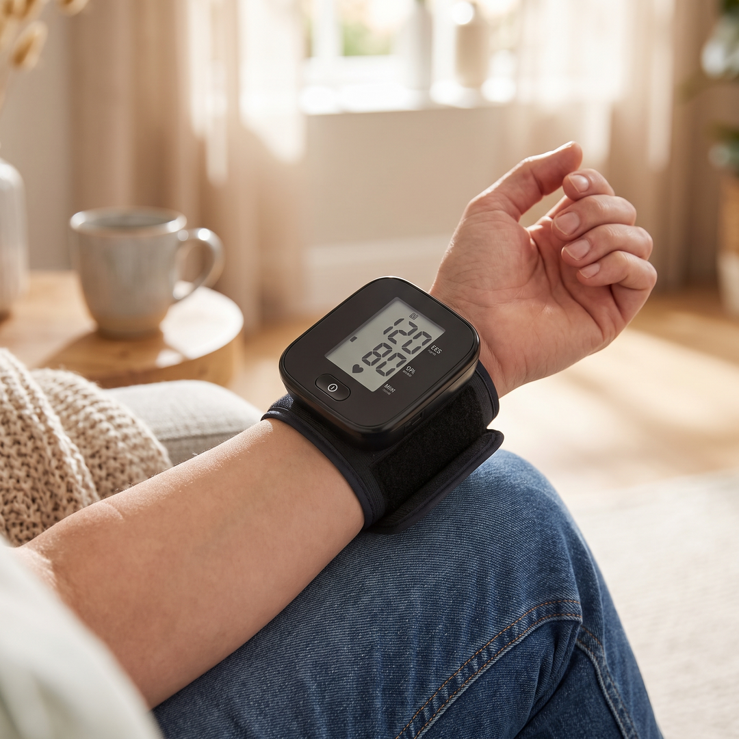 Close-up of hand wearing wrist blood pressure monitor resting on knee at home