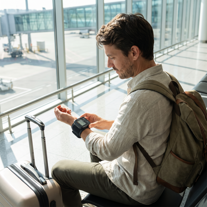 Portable wrist blood pressure monitor used while traveling