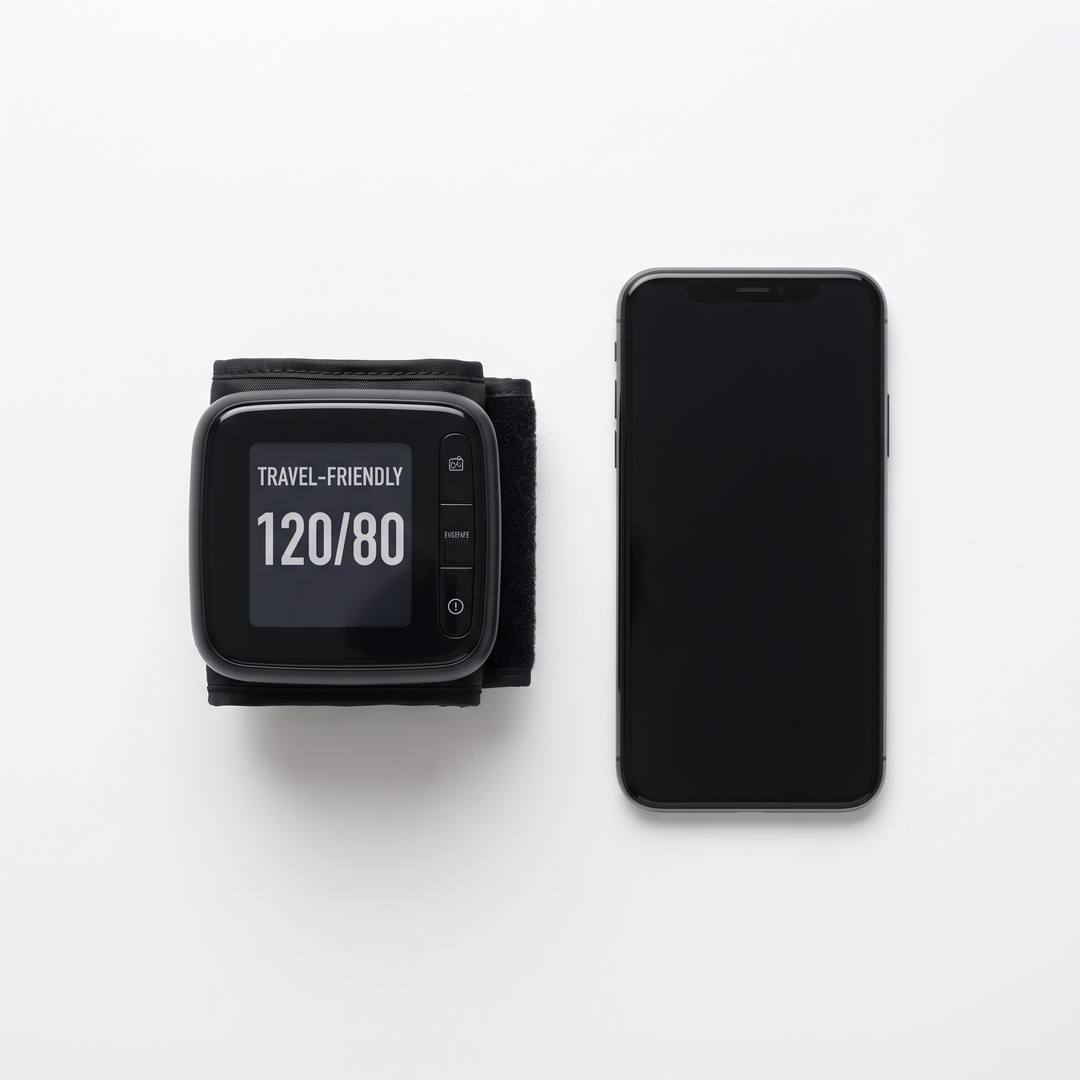 Compact wrist blood pressure monitor size comparison next to smartphone