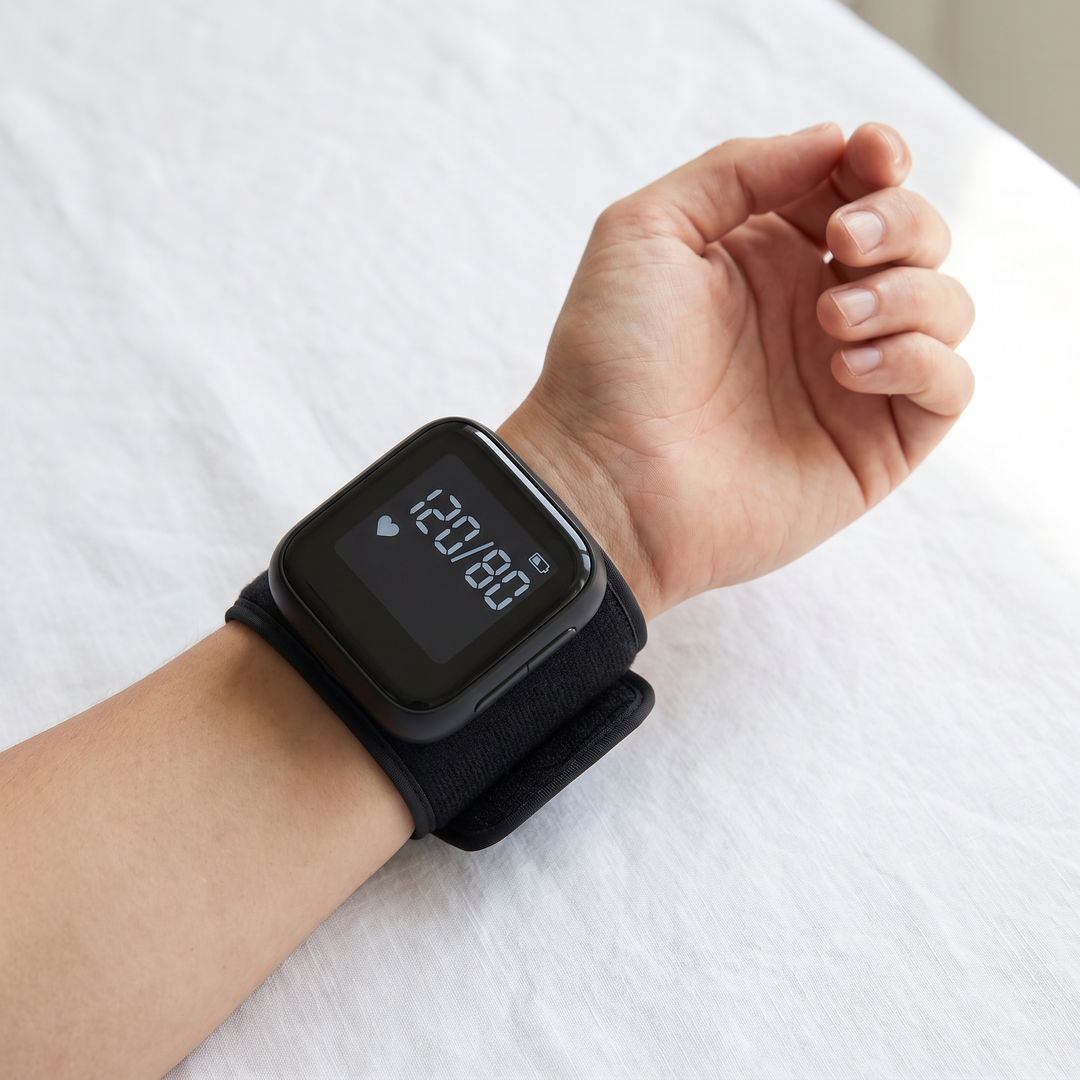 Digital wrist blood pressure monitor worn on wrist for home health tracking