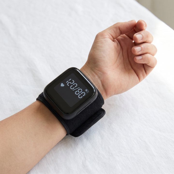 Digital wrist blood pressure monitor worn on wrist for home health tracking