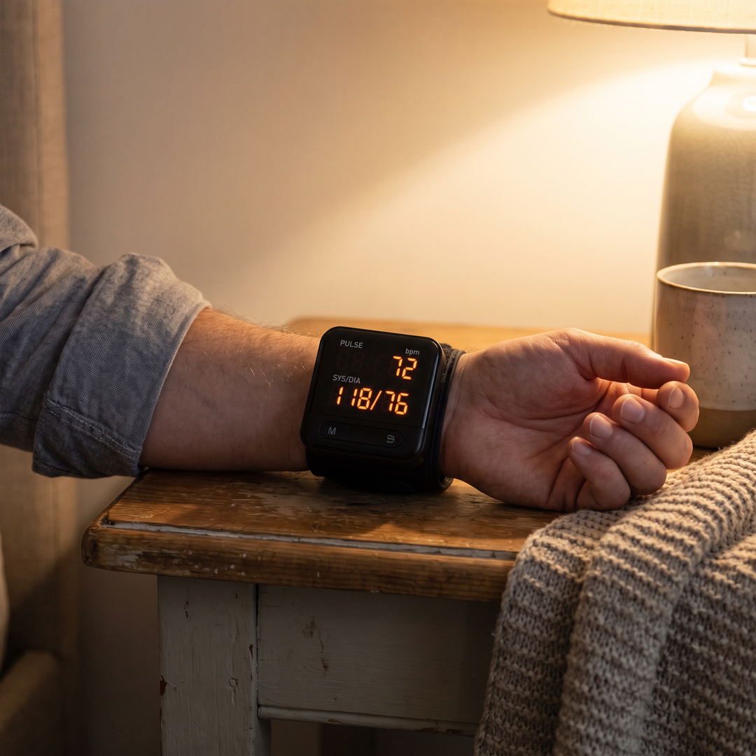 Wrist blood pressure monitor worn on wrist showing digital display with pulse rate reading