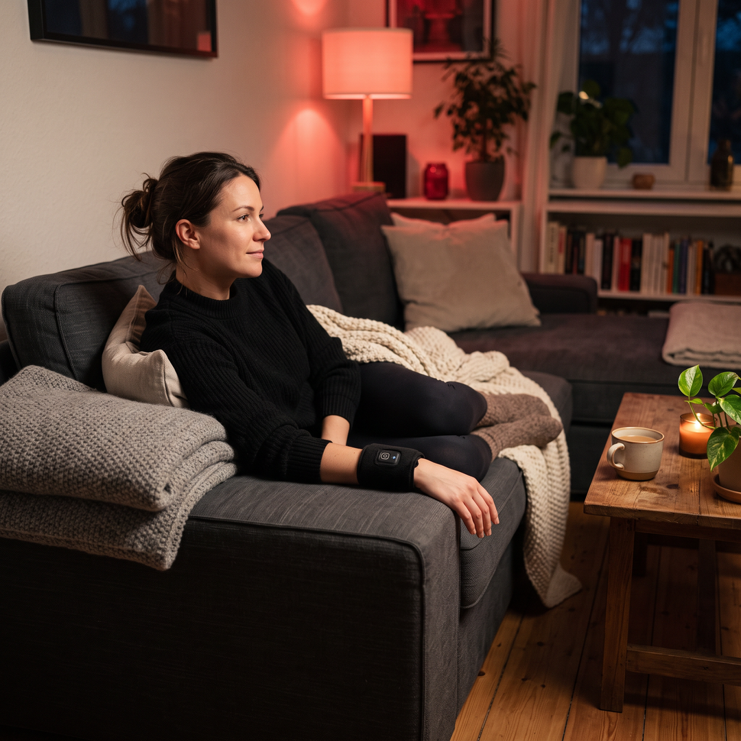 Person relaxing on a couch at home wearing the warmth wrap on their wrist