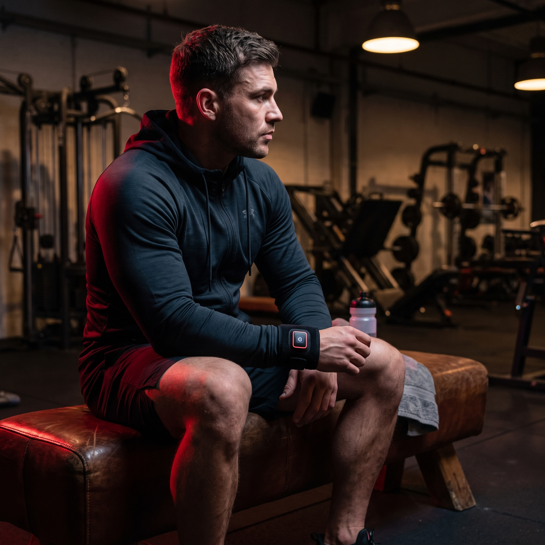 Athlete wearing warmth wrap on wrist during post-workout comfort session