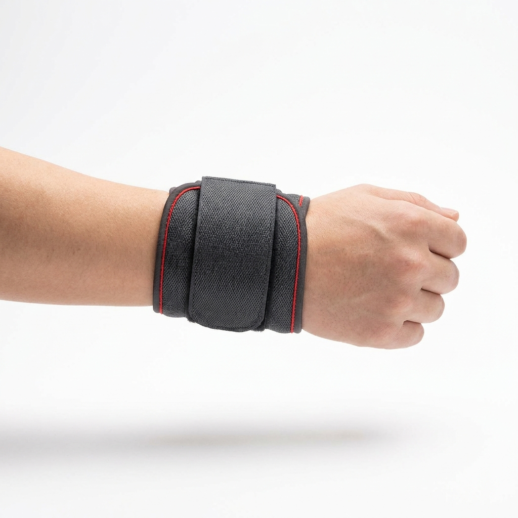 Rechargeable warmth wrap worn on the wrist, black with red accent trim, PHYSIOATHLETX