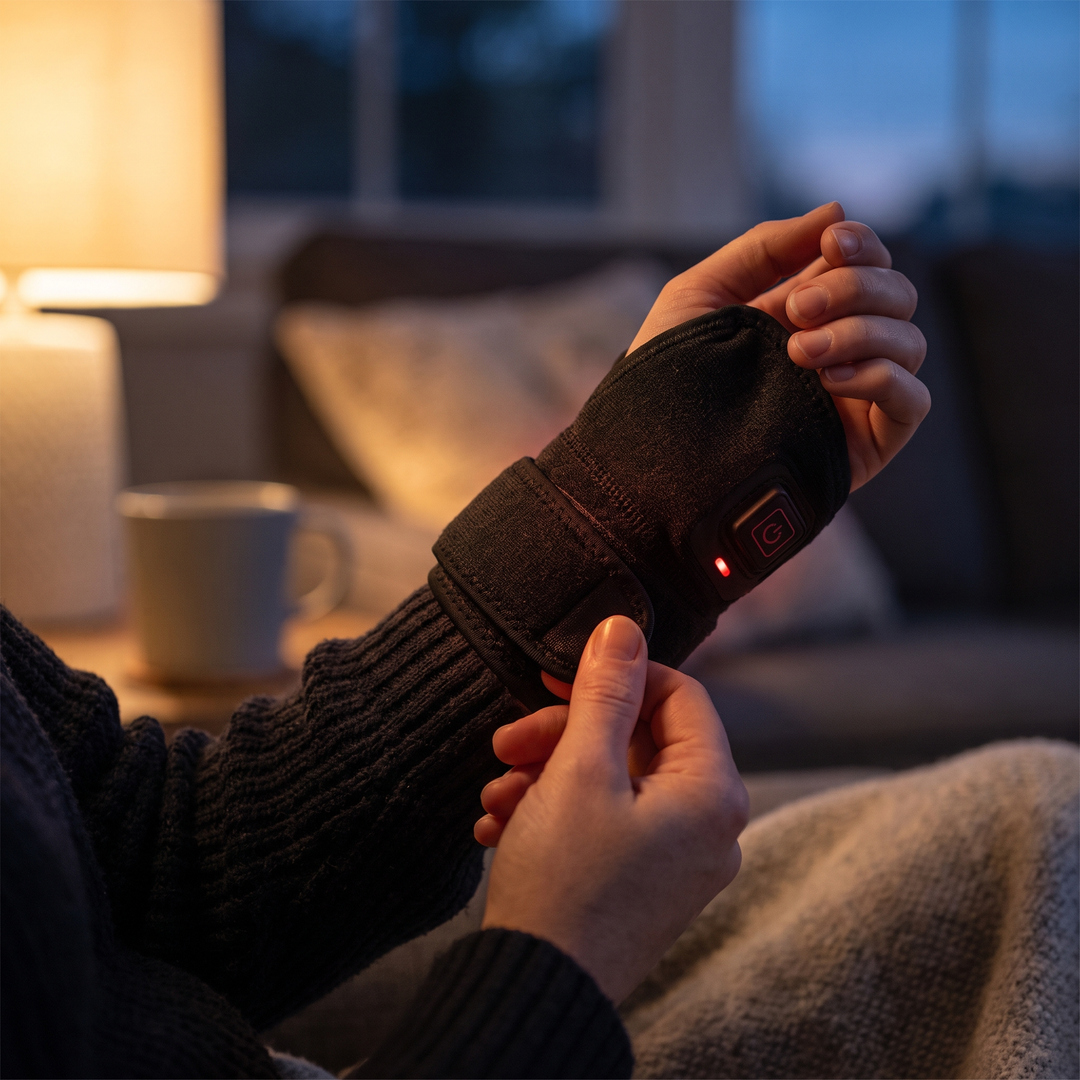 Person adjusting warmth wrap on wrist for cozy at-home comfort