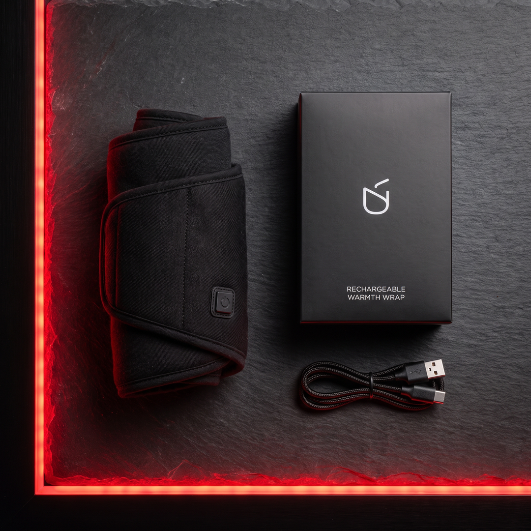 Warmth wrap with retail packaging and charging cable flat lay